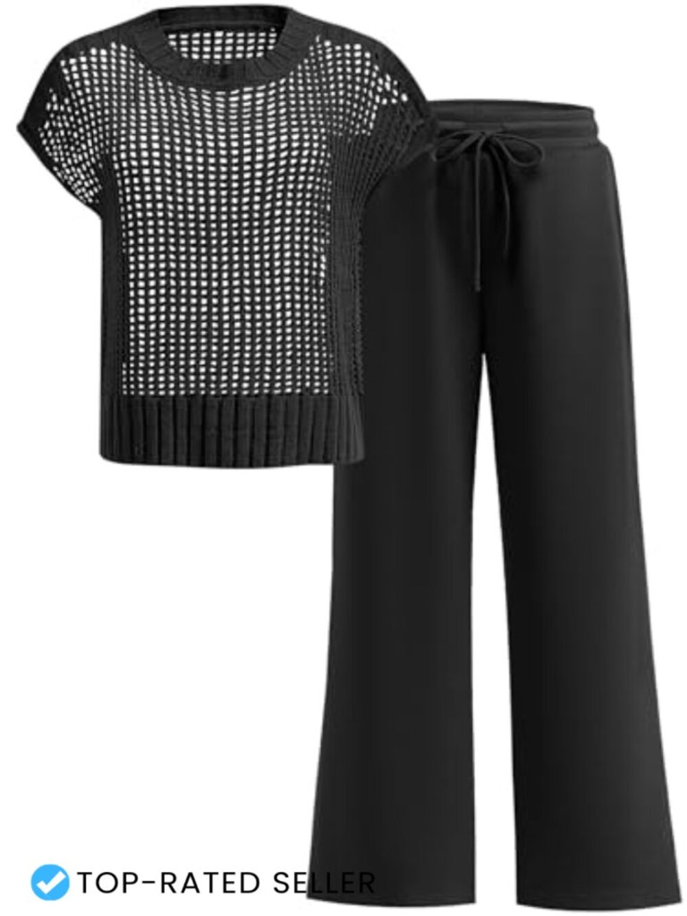 Women's Crochet Sheer Knit Top Wide Leg Pant Lounge Set Travel